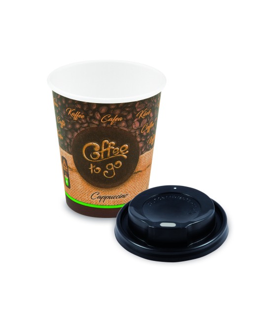 Papierový pohár "COFFE TO GO" 280ml, M + čierne viečko 10ks/bal