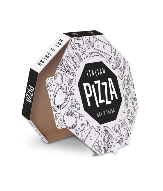 Pizza krabica OCTAGON 32,5 x 32, 5x 3 cm, biela, motiv Italian Pizza, 100ks/bal