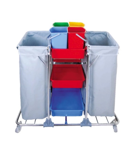 Multifunčný servisný upratovací vozík 4x6L vedrá, 2x120L PVC vrecia, chróm. konštrukcia