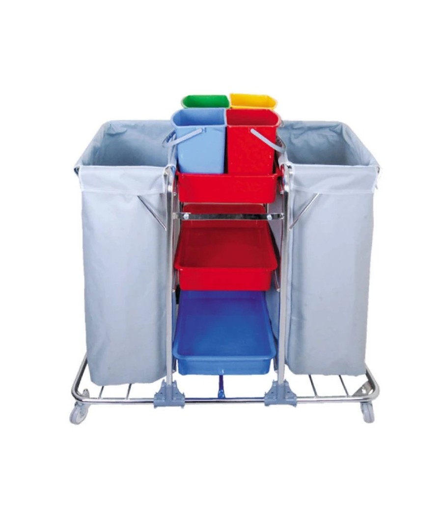 Multifunčný servisný upratovací vozík 4x6L vedrá, 2x120L PVC vrecia, chróm. konštrukcia