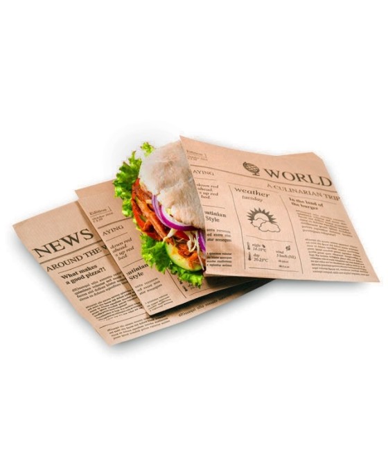 Papierové vrecko na hamburger 17x17cm, HNEDÉ, novinová potlač, 100ks/bal