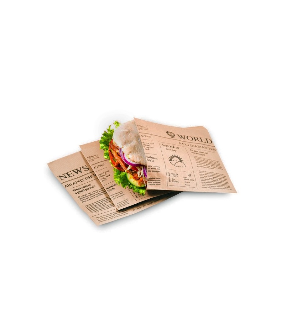 Papierové vrecko na hamburger 17x17cm, HNEDÉ, novinová potlač, 100ks/bal